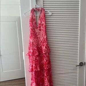 Halter Neck Pink Floral Maxi Dress